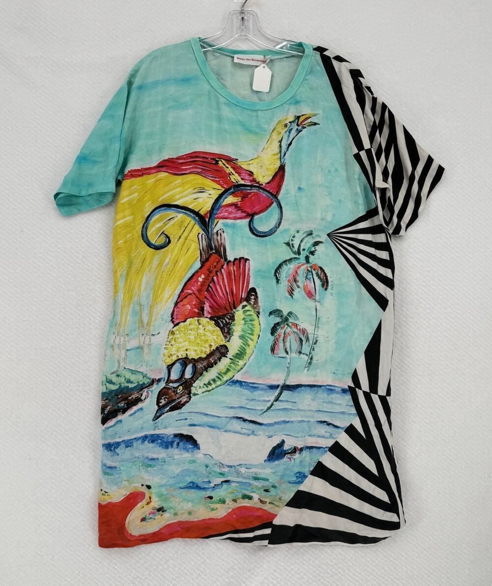 Walter Van Beirendonck Teal Silk Striped Bird Print T Shirt Dress Sz S
